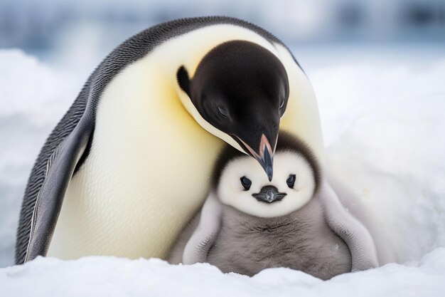 Photo un pingouin avec un pingouin sur sa poitrine tient un petit pingouin