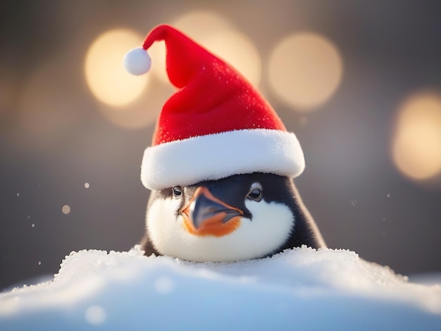 Photo le pingouin portant le chapeau du père noël dans la neige