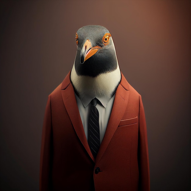 Un pingouin portant un costume et une veste rouge avec le mot pingouin dessus.