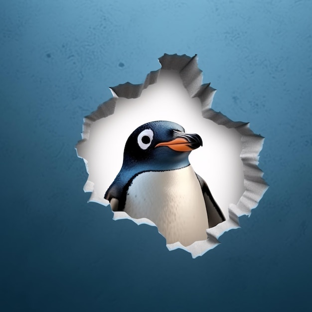 Photo un pingouin regardant à travers un trou dans un mur
