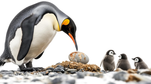 Le pingouin roi regarde son œuf avec trois poussins de pingouin empereur en arrière-plan