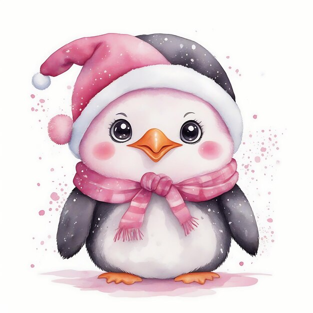 Le pingouin rose dans le chapeau du Père Noël Illustration adorable de Noël