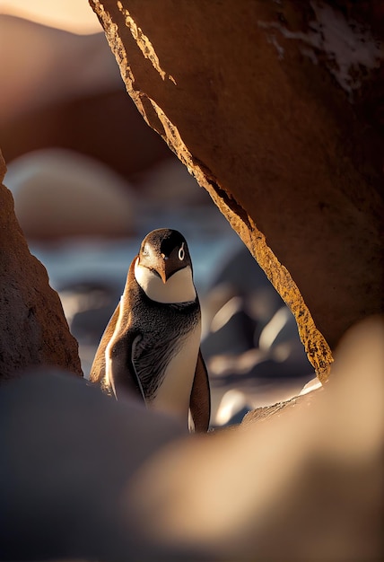 Pingouin se cachant derrière un rocher sur la plage ai générative