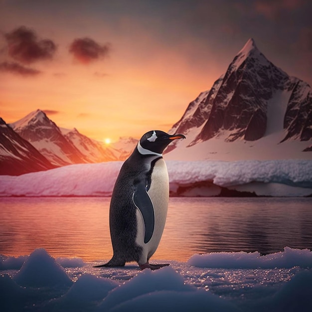 Un pingouin se dresse sur la glace avec des montagnes en arrière-plan.