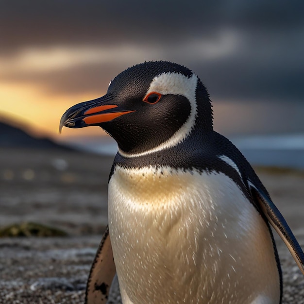 un pingouin se tient sur la plage et le ciel est un coucher de soleil en arrière-plan