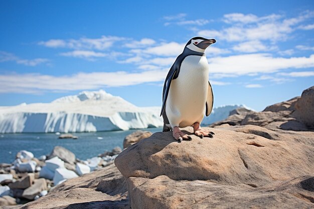 Photo un pingouin se tient sur un rocher avec des icebergs en arrière-plan