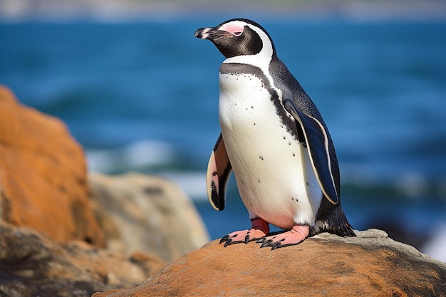 Photo un pingouin se tient sur un rocher près de l'océan