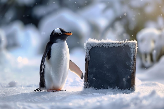 Un pingouin avec un signe.