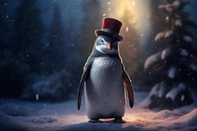 un pingouin vêtu d'un chapeau de haut debout dans la neige debout sur ses pattes arrière avec son corps droit
