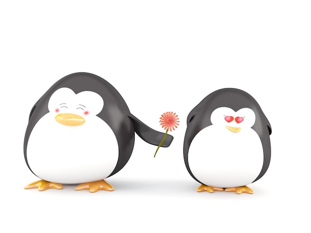Pingouins amoureux isolés sur blanc rendu 3D
