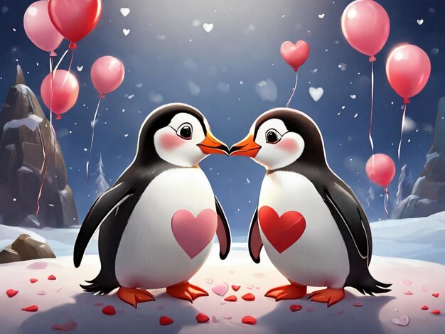 Photo les pingouins célèbrent la saint-valentin. les pingouins sont mignons. les pingouins aiment le paysage hivernal.
