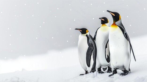 Photo des pingouins debout dans la neige avec la neige qui tombe