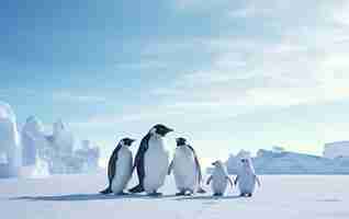 Photo des pingouins debout dans la neige avec le soleil derrière eux.