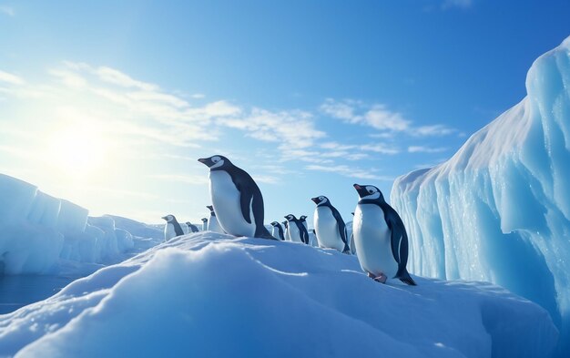 des pingouins debout sur la glace avec l'un tenu par l'autre