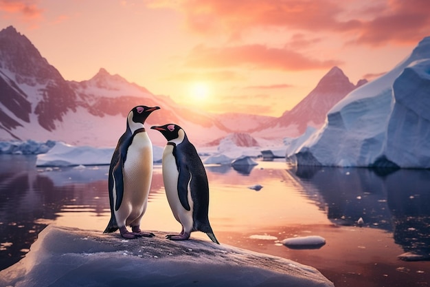 Des pingouins debout sur la glace avec une toile de fond de montagnes escarpées couvertes de neige