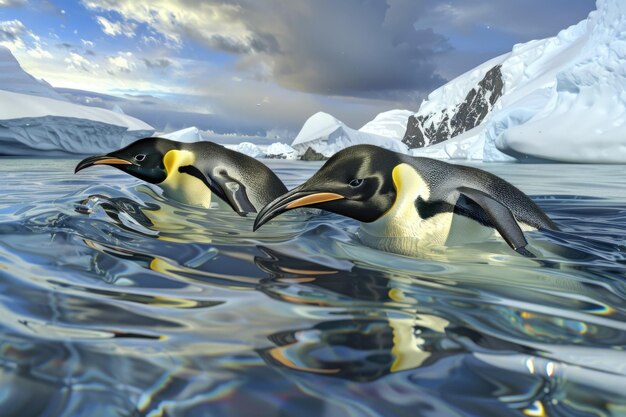 Photo des pingouins empereurs plongent près de la station antarctique allemande dans la baie d'atka