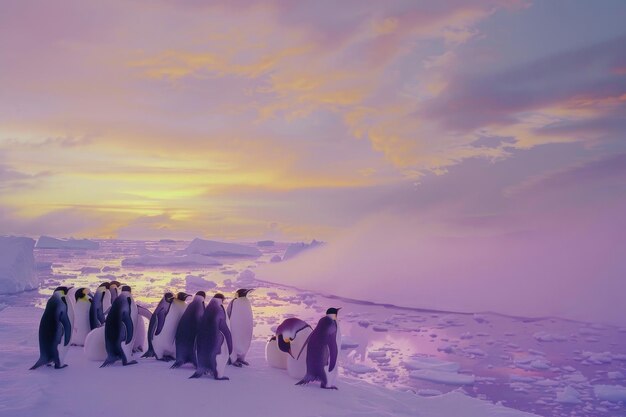 Les pingouins empereurs se rassemblent pour se réchauffer dans le crépuscule antarctique.