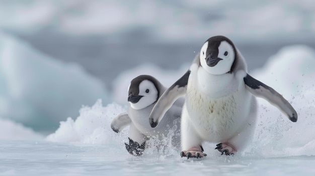 Des pingouins enjoués glissant sur la glace, illustration générée par l'IA
