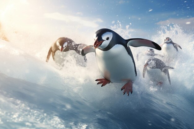 Pingouins glissant sur la glace