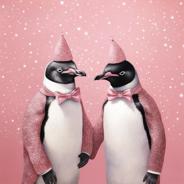 Photo des pingouins portant des chapeaux roses et des nœuds à papillon debout l'un à côté de l'autre