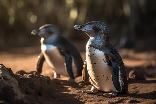 Pingouins sur un rocher avec un iguane en arrière-plan dans les îles Galapagos Equateur