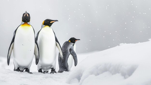 Photo les pingouins se tiennent dans la neige. l'un a un flocon de neige blanc sur le visage.