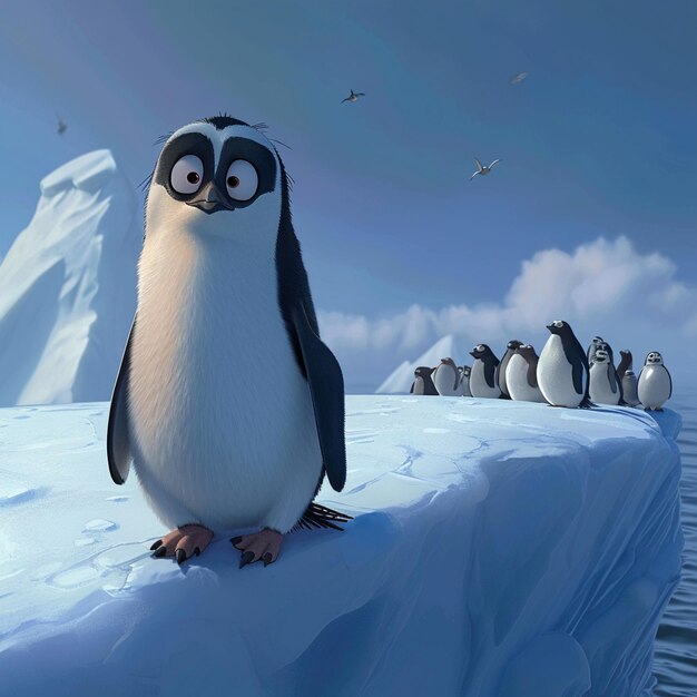 Pinguin arctique heureux avec des yeux étincelants avec des expressions et des mouvements mignons