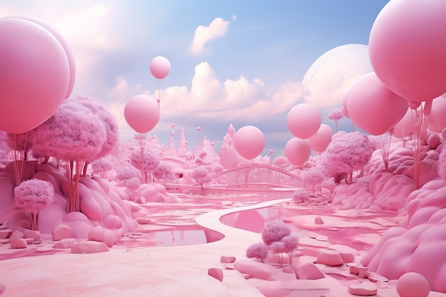 Pink Fantasy World Fantasy Forest avec des lacs et des arbres Pink Dreamy World AI généré