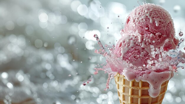 Photo a pink ice cream cone with a splash of water on top