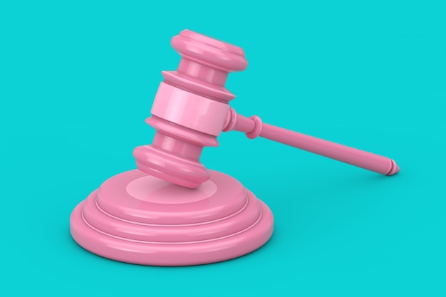 Pink Judge Gavel et Sound Block en style Duotone sur fond bleu. Rendu 3D