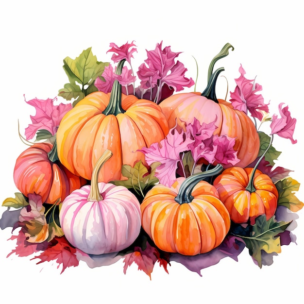 Photo pink pumpkin art handdrawn et aquarelle fusion