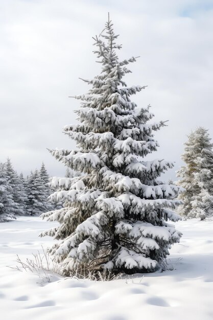 Photo des pins ou des arbres de noël décorés couverts de neige sur un beau thème de noël d'hiver en plein air