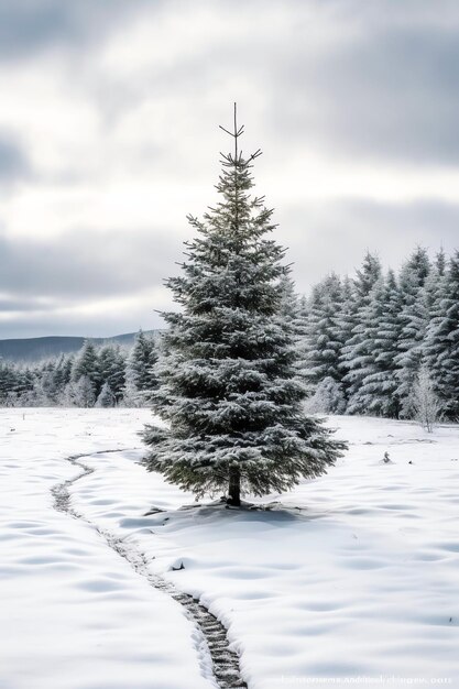 Photo des pins ou des arbres de noël décorés couverts de neige sur un beau thème de noël d'hiver en plein air
