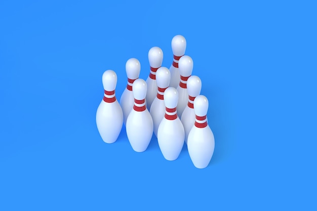 Pins de bowling blancs en forme de triangle sur fond bleu vue orthographique illustration de rendu 3D