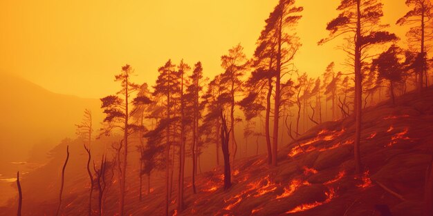 Photo des pins sur une colline avec un feu ardent en arrière-plan