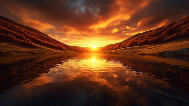 Pins dans un lac au coucher du soleil rendu 3d