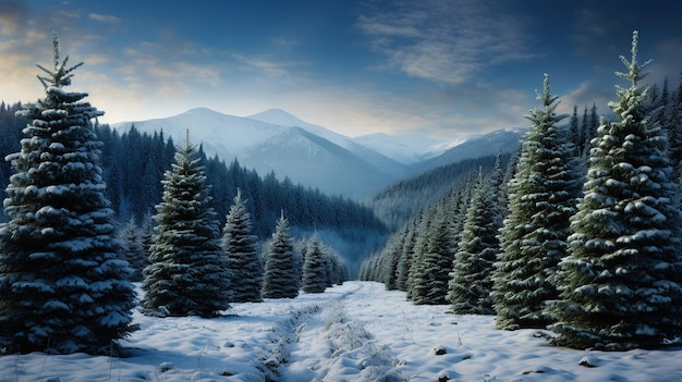 Des pins dans les neiges, une forêt magique d'hiver.