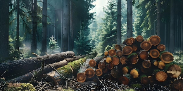 Photo pins et épinne de forêt piles de troncs de bois dans le fond de la forêt ai généré