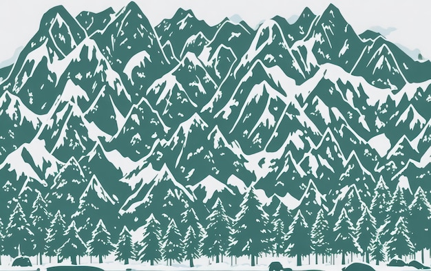 Des pins sur le fond de grandes montagnes Dessin vectoriel à deux couleurs