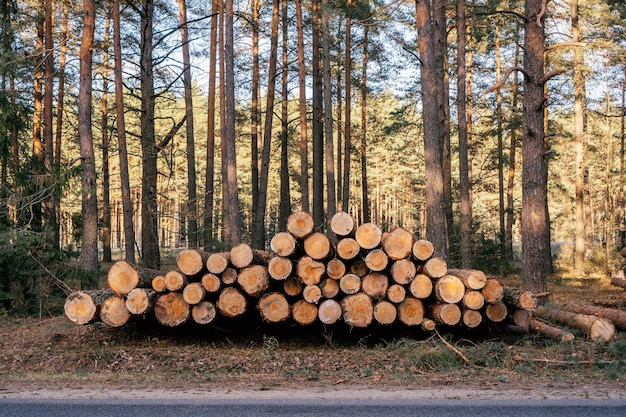 Pins sciés, empilés en tas près d'une route asphaltée sur fond de forêt, exploitation forestière pour la production