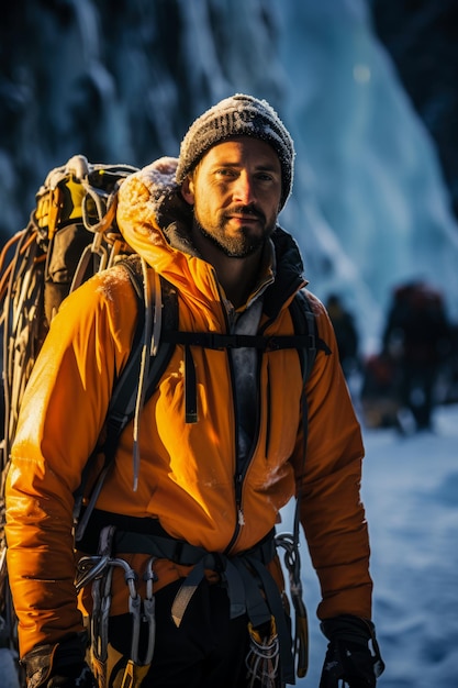 Les piolets en main d'un grimpeur élaborent une stratégie pour monter une cascade glaciaire