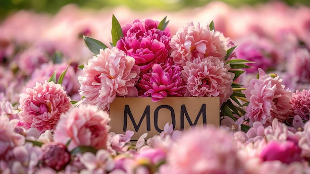 Photo des pionnées roses avec mom au milieu des fleurs de printemps