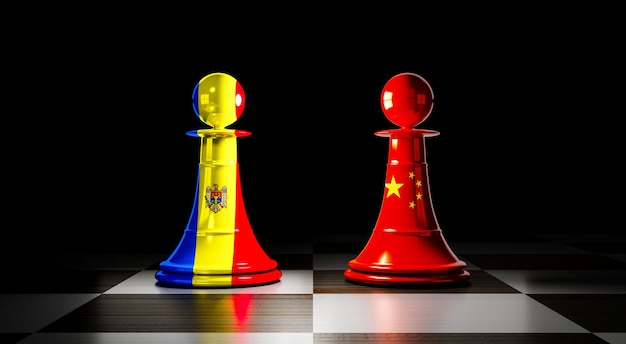 Photo pions d'échecs des relations entre la moldavie et la chine avec illustration 3d de drapeaux nationaux
