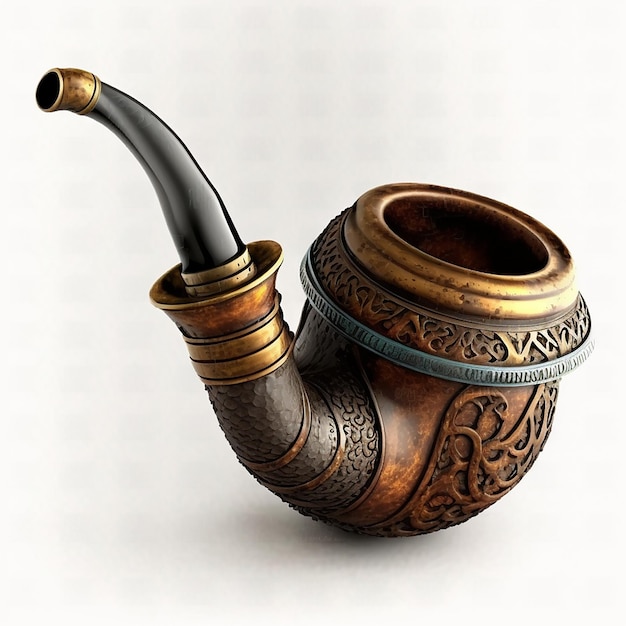 Pipe à tabac en bois rétro antique avec motifs isolés sur gros plan blanc