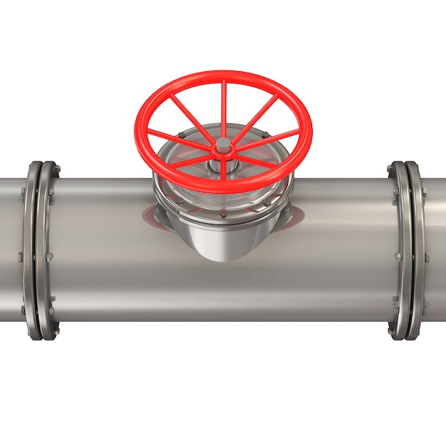 Pipeline en métal avec valve rouge isolé sur fond blanc