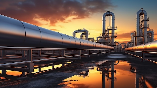 Pipeline et râtelier de tuyauterie d'une installation industrielle pétrolière avec fond de ciel coucher de soleil AI générative