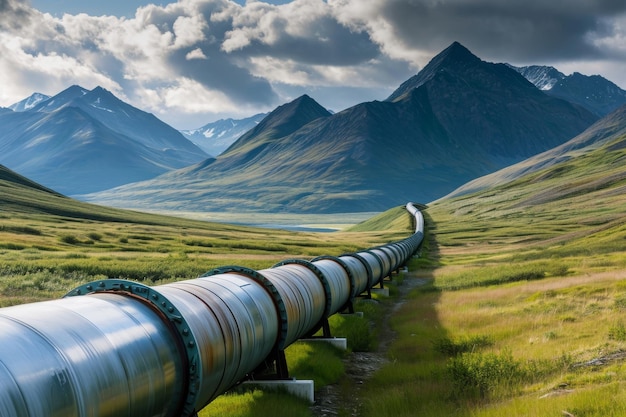Un pipeline s'étend sur un vaste champ avec des montagnes imposantes servant de toile de fond dramatique un énorme pipeline industriel juxtaposé à une prairie sereine générée par l'IA