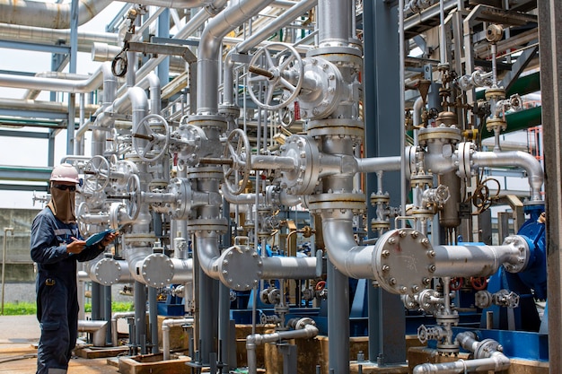 Pipeline visuel d'inspection de travailleur masculin et canalisation de gaz à vapeur de tube de valve