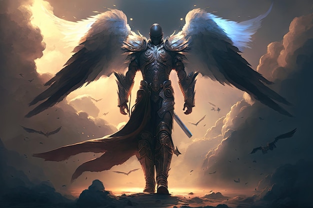 Épique archange guerrier chevalier paladin au paradis avec armure et ailes ange fantaisie ai générative