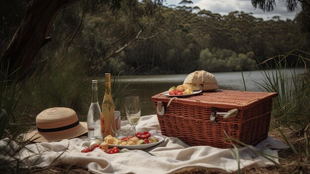 Pique-nique au bord du lac avec un panier de nourriture et une bouteille de vin